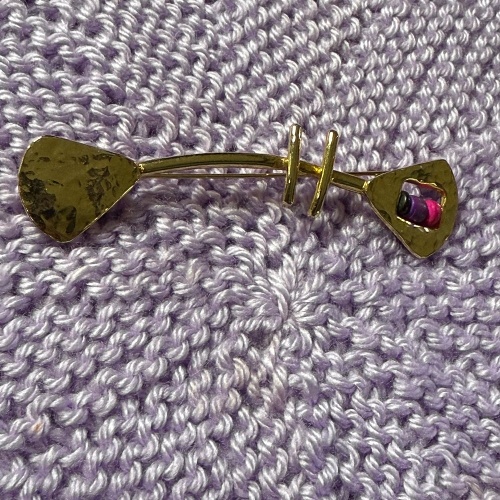 Artisan Gold Tone Brooch Pin Hammered Metal Abstract Design Purple Beads